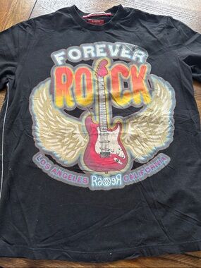 Ras Black Tee with Pink Guitar and Gold Wings